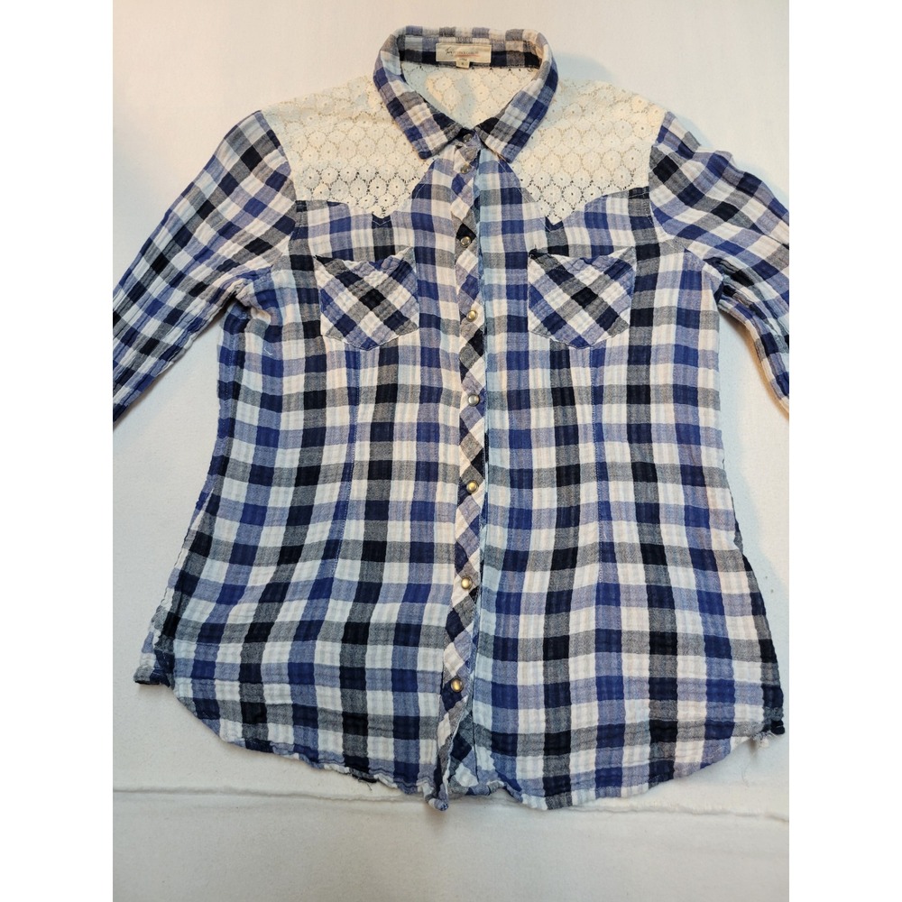 Faded Glory Womens Blue White Plaid Lace Yoke Western Snap Button Shirt Med 646